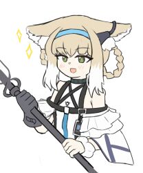 1girl :d animal_ears arknights bare_shoulders black_gloves blonde_hair blush cropped_torso flat_color flower gloves green_eyes highres infection_monitor_(arknights) lily_of_the_valley multicolored_hair nykaani oekaki open_mouth short_hair simple_background single_glove smile solo sparkle streaked_hair suzuran_(arknights) white_background white_hair
