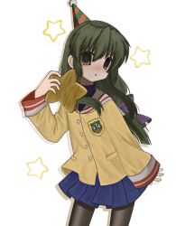 Rule 34 | 1girl, badge, black hair, black pantyhose, blue skirt, clannad, gradient background, hat, highres, hikarizaka private high school uniform, hiyuchan1103, ibuki fuuko, jacket, long hair, long sleeves, looking at viewer, low-tied long hair, pantyhose, party hat, pleated skirt, sailor collar, school uniform, serafuku, simple background, skirt, solo, starfish, white background, white sailor collar, yellow jacket