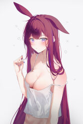 1girl absurdres animal_ears arknights arm_at_side armpit_crease bare_arms bare_shoulders blue_nails blue_streaks blush breasts brown_hair camisole cleavage closed_mouth collarbone crop_top crop_top_overhang cropped_shirt crossed_bangs dot_nose downblouse fingernails grey_background hand_in_own_hair hand_up highres light_blush long_hair looking_at_viewer loose_clothes loose_shirt low_neckline medium_breasts multicolored_hair nail_polish navel no_bra off_shoulder pink_eyes purple_hair purple_nails ray_(arknights) shirt simple_background single_ear_down single_off_shoulder solo spaghetti_strap squeans stomach strap_slip streaked_hair twirling_hair upper_body very_long_hair white_camisole white_shirt zapik