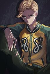 Rule 34 | 1boy, :|, bakesugi, blonde hair, closed mouth, commentary request, expressionless, green eyes, green pants, grey background, jacket, looking to the side, male focus, multicolored jacket, pants, signature, sitting, solo, sukajan, takinogawa jio, tribe nine