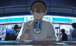 1boy absurdres alban_knox black_hat brown_hair can closed_mouth commentary convenience_store drinking_straw ear_piercing es-ther green_eyes hair_between_eyes hat heterochromia highres holding holding_can lawson looking_at_viewer male_focus night nijisanji nijisanji_en outdoors piercing railing shirt shop short_sleeves silhouette symbol-only_commentary upper_body virtual_youtuber watch white_shirt wristwatch