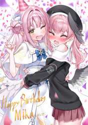 2girls absurdres black_hat black_shirt black_wings blue_archive blue_bow blue_flower blush bow capelet closed_eyes dress fang feathered_wings flower hair_bun hair_flower hair_ornament hair_scrunchie happy_birthday hat head_wings highres hug koharu_(blue_archive) long_hair looking_at_viewer low_wings mika_(blue_archive) multiple_girls one_eye_closed open_mouth party_hat pink_hair pink_skirt scrunchie shirt sidelocks single_bare_shoulder single_side_bun skin_fang skirt upper_body wfa5051 white_capelet white_dress white_scrunchie wings yellow_eyes