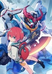 1girl amate_yuzuriha aqua_eyes axe chingisu glowing glowing_eyes gquuuuuux green_eyes gundam gundam_gquuuuuux highres holding holding_axe holding_weapon long_sleeves looking_at_viewer mecha mobile_suit necktie red_hair robot school_uniform science_fiction shirt short_hair skirt sweater v-fin weapon