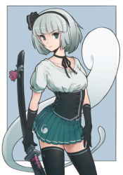 &gt;:| 1girl :| alternate_costume arm_at_side black_gloves black_ribbon black_thighhighs blunt_bangs border choker closed_mouth collarbone corset cowboy_shot expressionless eyebrows female_focus floating flower ghost gloves green_background green_eyes green_skirt hair_ribbon hairband hand_on_own_hip head_tilt highres hitodama holding holding_sword holding_weapon katana konpaku_youmu looking_at_viewer orz_(orz57) outside_border pleated_skirt puffy_short_sleeves puffy_sleeves red_flower red_rose ribbon rose scabbard sheath sheathed shirt short_hair short_sleeves silver_hair simple_background skirt solo standing sword thighhighs touhou underbust v-shaped_eyebrows weapon white_border white_shirt zettai_ryouiki