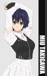 1girl 22/7 ahoge arms_up belt_buckle black_gloves blue_hair bodice brown_eyes buckle character_name closed_mouth cowboy_shot dress fingerless_gloves gloves grey_background highres long_sleeves looking_at_viewer rock_wa_shinanai short_hair solo standing takigawa_miu tetu_rou wavy_hair white_dress