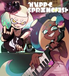 2girls \m/ aqua_eyes aqua_hair black_gloves black_hair black_shirt blonde_hair boots breasts chain collar commentary crop_top dark-skinned_female dark_skin fingerless_gloves gloves gradient_hair grin highres inkling inktaru instrument keytar long_hair marina_(splatoon) marina_(springfest)_(splatoon) medium_breasts medium_hair midriff mole mole_under_mouth multicolored_hair multiple_girls music navel navel_piercing nintendo octoling official_alternate_costume on_one_knee pants pearl_(splatoon) pearl_(springfest)_(splatoon) piercing playing_instrument shirt signature smile spiked_collar spikes splatoon_(series) splatoon_3 tentacle_hair very_dark_skin very_long_hair white_pants yellow_eyes