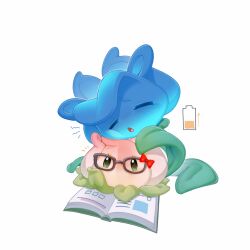 Rule 34 | ^ ^, arrow (symbol), battery indicator, black-framed eyewear, blue flower, blue rose, book, bow, character request, chinese commentary, closed eyes, commentary request, flower, glasses, green eyes, hand on own cheek, hand on own face, head rest, leaf, no humans, no mouth, official alternate costume, open book, open mouth, plant, plant focus, plants vs. zombies, plants vs. zombies 2, power lily, red bow, rose, simple background, tongue, veghia, white background, white flower