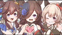 Rule 34 | 3girls, ;), animal ears, bare shoulders, blue eyes, blue flower, blue rose, blush, breasts, brown hair, chain, commentary request, curren chan (umamusume), dress, ear covers, ear ornament, finger heart, flower, gloves, grey hair, grin, hair between eyes, hair ornament, hair over one eye, hat, heart, heart hands, heart hands duo, highres, horse ears, horse girl, long sleeves, lower teeth only, multicolored hair, multiple girls, off-shoulder dress, off shoulder, one eye closed, open mouth, pink eyes, purple dress, purple eyes, rakugakiraid, rice shower (umamusume), rose, sidelocks, simple background, single ear cover, small breasts, smile, streaked hair, striped clothes, striped dress, teeth, umamusume, v-shaped eyebrows, vivlos (umamusume), white background, white gloves, white hair, white hat