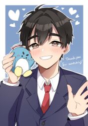 1boy aijou_rentarou black_hair blue_background blue_jacket blush border brown_eyes chacha_kamimaru doll double-parted_bangs heart highres holding holding_doll jacket kimi_no_koto_ga_dai_dai_dai_dai_daisuki_na_100-nin_no_kanojo long_sleeves necktie ohananomitsu_high_school_uniform open_hand red_necktie school_uniform shirt smile stuffed_toy thick_eyebrows upper_body white_border white_shirt
