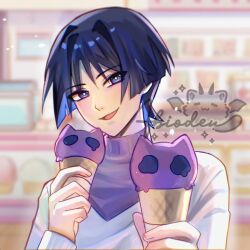 1boy abiodeu alternate_costume blunt_ends blurry blurry_background bright_pupils casual colored_inner_hair contemporary eyeliner eyeshadow food genshin_impact holding holding_food holding_ice_cream ice_cream ice_cream_cone incoming_food indoors layered_shirt looking_at_viewer makeup male_focus multicolored_hair official_alternate_costume open_mouth purple_eyes purple_hair purple_undershirt red_eyeliner red_eyeshadow scaramouche_(genshin_impact) shirt signature smile solo tsurime turtleneck turtleneck_shirt v-neck wanderer_(fairy_tale_cat)_(genshin_impact) wanderer_(genshin_impact) watermark white_pupils white_shirt white_sleeves wispy_bangs