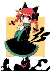 1girl animal_ears asameshi black_bow black_hair black_shoes blush_stickers bow braid cat_ears cat_tail commentary extra_ears full_body hair_bow hands_up highres kaenbyou_rin long_hair long_sleeves looking_at_viewer multiple_tails neck_ribbon pointy_ears red_eyes red_hair red_ribbon ribbon shoes simple_background smile solo tail touhou twin_braids two_tails white_background wide_sleeves yellow_background