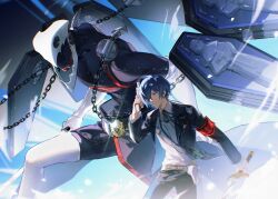 Rule 34 | 2boys, armband, black jacket, black pants, black suit, blue eyes, blue hair, chain, coffin, dark background, evoker, formal clothes, gekkoukan high school uniform, gradient background, gun, hair over one eye, headphones, highres, holding, holding gun, holding sword, holding weapon, jacket, lluyss, mask, multiple boys, neck ribbon, pants, persona, persona 3, red armband, red ribbon, ribbon, school uniform, shirt, suit, sword, thanatos (persona), weapon, white shirt, yuuki makoto (persona 3)