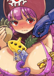 1girl bikini black_background blue_gloves blush bottle breasts covered_erect_nipples dragon_quest dragon_quest_ii gloves holding hood huge_breasts instrument key leaf long_hair looking_at_viewer muramasa_mikado ocarina pink_bikini princess_of_moonbrook purple_hair red_eyes red_hood square_enix standing sweat swimsuit upper_body