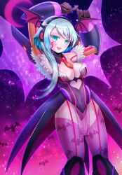 1girl animal_print arm_up bare_shoulders bat_print black_leotard blue_eyes blue_hair body_markings breasts cleavage clothing_cutout commission cosplay cowboy_shot crescent_moon cutout_above_navel darkstalkers demon_wings energy_wings facial_mark gradient_background head_wings heart_cutout highres ico_(megaman_x_dive) kiwakiwa large_breasts leotard long_hair mega_man_(series) mega_man_x_(series) mega_man_x_dive moon morrigan_aensland morrigan_aensland_(cosplay) print_thighhighs purple_background purple_moon purple_thighhighs purple_wings ringed_eyes skeb_commission solo thighhighs wings