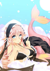 10s 1girl aqua_eyes bba1985 bikini bikini_skirt bikini_top_only breasts drill_hair female_focus fins head_fins heart heart-shaped_pupils highres large_breasts long_hair maid_headdress mermaid meroune_lorelei monster_girl monster_musume_no_iru_nichijou parted_lips pink_hair scales solo swimsuit symbol-shaped_pupils