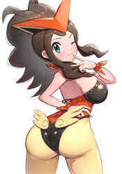 1girl absurdres ass backless_outfit bare_shoulders blue_eyes breasts brown_hair commentary_request cosplay cropped_legs fluffy_hair from_behind gen_5_pokemon gonzarez high_ponytail highres hilda_(pokemon) large_breasts legendary_pokemon leotard long_hair mythical_pokemon nintendo one_eye_closed playboy_bunny playboy_pokemon pokemon pokemon_bw ponytail simple_background solo v victini victini_(cosplay) white_background