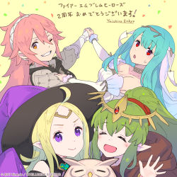 4girls :d ^_^ ahoge bare_shoulders bird blue_hair blush breasts brown_eyes cape choker closed_eyes detached_sleeves dress enkyo_yuuichirou feh_(fire_emblem_heroes) fire_emblem fire_emblem:_shadow_dragon_and_the_blade_of_light fire_emblem_heroes gloves green_hair grin hair_ornament hairband hat highres long_hair long_sleeves looking_at_viewer medium_breasts multiple_girls ninian_(bright-eyed_bride)_(fire_emblem) ninian_(fire_emblem) nintendo nowi_(eternal_witch)_(fire_emblem) nowi_(fire_emblem) official_art one_eye_closed open_mouth owl parted_bangs pink_hair pointy_ears ponytail purple_eyes purple_hat red_eyes smile soleil_(fire_emblem) tiara tiki_(fire_emblem) tiki_(young)_(fire_emblem) tiki_(young)_(legendary_dragon)_(fire_emblem) translation_request veil wedding_dress white_gloves white_hairband witch_hat