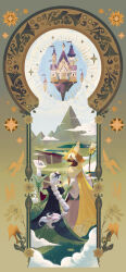 1boy 1girl absurdres bandal border braid castle cookie_run facial_mark floating_castle forehead_mark gradient_background hat highres holding holding_hands holding_staff long_hair mountain ornate_border outdoors pure_vanilla_cookie smile sparkle staff very_long_hair white_lily white_lily_cookie wizard_hat