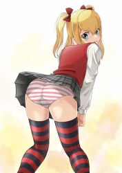 1girl aqua_eyes artist_request ass blonde_hair blush bow bowtie breasts embarrassed eyebrows female_focus grey_thighhighs highres hinomiya_niho looking_at_viewer open_mouth panties pink_panties plaid_clothes plaid_skirt red_bow red_bowtie red_thighhighs school_girl_strikers skirt small_breasts solo striped_clothes striped_panties striped_thighhighs sweater_vest thighhighs thighs twintails underwear wavy_hair white_panties