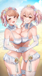 2girls areola_slip asymmetrical_docking blush bra breast_press commentary_request elbow_gloves frilled_thigh_strap gloves grin head_wreath highres hojo_karen holding_hands idolmaster idolmaster_cinderella_girls jewelry jougasaki_mika looking_at_viewer mk_(mod0) multiple_girls necklace orange_hair outdoors panties pearl_necklace pink_hair single_thighhigh smile thigh_strap thighhighs twintails underwear white_bra white_gloves white_panties yuri