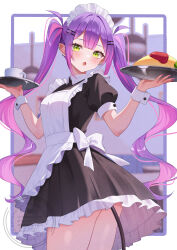 1girl alternate_costume black_dress black_tail blurry blurry_background commentary cowboy_shot demon_girl demon_tail dress green_eyes hashtag-only_commentary highres hololive kitchen long_hair maid maid_headdress nametakeko purple_hair solo tail tokoyami_towa twintails very_long_hair virtual_youtuber