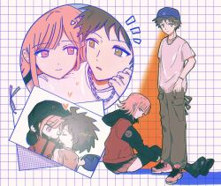 1boy 1girl :d alternate_costume black_jacket black_thighhighs brown_hair brown_pants casual couple danganronpa_(series) danganronpa_2:_goodbye_despair grey_shirt hat heart hetero highres hinata_hajime holding hood hood_up jacket jewelry kiss miniskirt multicolored_jacket nanami_chiaki necklace open_mouth pants pink_eyes purple_hat red_jacket shirt skirt smile spiked_hair thighhighs tristia_(renixxxxv) two-tone_jacket white_background