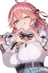 :q ahoge black_ribbon blue_dress braid breasts center_frills close-up commentary_request double-parted_bangs dress earrings floating_earring frilled_dress frilled_wrist_cuffs frills from_below green_eyes hair_ornament hair_ribbon hairclip hakui_ami heart heart_hands heart_in_eye highres hololive jewelry lace lace-trimmed_dress lace_trim large_breasts light_blush long_hair looking_at_viewer neck_ribbon necklace one_eye_closed pink_hair pinstripe_pattern pinstripe_skirt puffy_short_sleeves puffy_sleeves ribbon sakura_miko sakura_miko_(street) short_sleeves sidelocks smile symbol_in_eye tongue tongue_out two-tone_dress underbust upper_body virtual_youtuber white_dress wrist_cuffs
