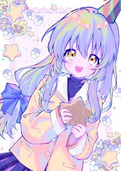 Rule 34 | 1girl, black shirt, black skirt, blazer, clannad, commentary request, dutch angle, flower, garimayo, hair ribbon, hat, highres, hikarizaka private high school uniform, holding, holding star, ibuki fuuko, jacket, long hair, looking at viewer, multicolored hair, open mouth, orange eyes, party hat, ribbon, sailor collar, school uniform, shirt, skirt, sleeves past wrists, solo, sparkle, sparkling eyes, star (symbol), turtleneck, upper body, white sailor collar, yellow jacket