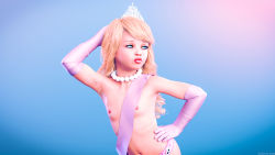 1girl 3d armpits artist_request blonde_hair blue_eyes dwemra elbow_gloves female_focus flat_chest gloves gradient_background hand_on_own_hip jewelry lola_loud loli looking_to_the_side navel necklace nipples pearl_necklace pink_gloves puckered_lips simple_background small_areolae small_nipples tagme the_loud_house tiara topless_frame upper_body