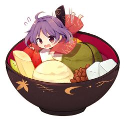 1girl ahoge anmitsu_(dessert) banana beans bowl chibi d: falling female_focus flying_sweatdrops food fruit hat ice_cream in_food japanese_clothes kimono long_sleeves md5_mismatch mini_person minigirl no_headwear obi open_mouth purple_hair red_eyes resized sash short_hair simple_background solo strawberry sukuna_shinmyoumaru tama_(soon32281) touhou white_background wide_sleeves