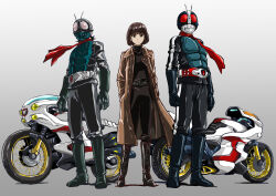 1girl 2boys armor belt black_gloves black_hair black_pants bodysuit boots bug coat compound_eyes cyclone_(kamen_rider) full_body gloves grasshopper green_armor green_gloves green_helmet grey_background helmet highres insect kamen_rider kamen_rider_1 kamen_rider_1_(shin) kamen_rider_2 kamen_rider_2_(shin) long_coat long_sleeves looking_at_viewer midorikawa_ruriko_(shin_kamen_rider) multiple_boys pants red_eyes red_scarf rider_belt scarf shin_kamen_rider short_hair taiga_hiroyuki tokusatsu trench_coat typhoon_(kamen_rider)