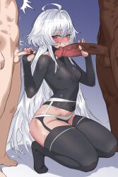 1girl 2boys absurdres ahoge black_shirt black_thighhighs blush breasts dark-skinned_male dark_skin double_handjob erection fate/grand_order fate_(series) grin group_sex handjob hetero highres interracial kanoji_(ni_kanojo) kneeling large_penis long_hair long_sleeves merlin_(fate/prototype) mmf_threesome multiple_boys netorare penis penis_size_difference precum purple_eyes shirt small_breasts small_penis smile testicles thighhighs threesome tight_clothes tight_shirt twitching_penis very_long_hair white_hair