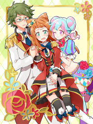 Rule 34 | 1boy, 2girls, :o, ahoge, aikatsu! (series), aikatsu stars!, bell, bisexual female, black legwear, blue flower, blue hair, blue rose, blunt bangs, blush, boots, border, bow, bowtie, boy and girl sandwich, commentary request, cone hair bun, cowboy shot, crop top, donut hair bun, double bun, dress, embarrassed, epaulettes, fang, flower, glasses, green eyes, green hair, hair bun, hanazono kirara, headphones, headphones around neck, holding hands, idol, idol clothes, interlocked fingers, jacket, jingle bell, kira kanata, light blue hair, long hair, long jacket, long sleeves, looking at another, looking at viewer, love triangle, m4 uniform, midriff, multicolored dress, multicolored hair, multiple girls, navel, necktie, one eye closed, open mouth, orange hair, pants, pink hair, popoin, puffy short sleeves, puffy sleeves, purple eyes, raised eyebrows, red flower, red jacket, red rose, rose, s4 uniform, sandwiched, saotome ako, school uniform, semi-rimless eyewear, short hair, short sleeves, sidelocks, skirt, smile, sweatdrop, swept bangs, thighhighs, under-rim eyewear, white footwear, white jacket, white pants, white skirt
