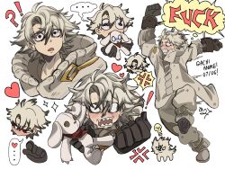 Rule 34 | !, 1boy, absurdres, animalization, black hair, blush, colored tips, english text, gachiakuta, gloves, gold trim, heart, highres, hood, hoodie, light bulb, looking at viewer, male focus, multicolored hair, pants, red eyes, ringed eyes, rudo surebrec, sharp teeth, short hair, simple background, solo, stuffed toy, teeth, tosev 027, two-tone hair, white hair, white hoodie, white pants