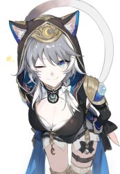 1girl animal_hood belt black_hood cat_girl cat_hood cipher_(honkai:_star_rail) ears_through_hood highres honkai:_star_rail honkai_(series) hood hooded_leotard mole mole_on_chest one_eye_closed pingkikiki123 solo star_(symbol) thigh_belt thigh_strap white_background