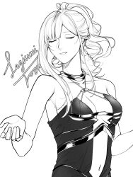 Rule 34 | ak-12 (girls&#039; frontline), ak-12 (quiet azure) (girls&#039; frontline), closed eyes, clothing cutout, cocktail dress, dress, evening gown, girls&#039; frontline, greyscale, halter dress, halterneck, highres, lezissmitozer, monochrome, navel cutout, official alternate costume, official alternate hairstyle, signature, simple background, smile, upper body, white background