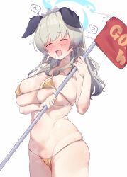 1girl ? absurdres animal_ears areola_slip bikini blue_archive blue_halo blush breasts closed_eyes cowboy_shot dog_ears foxallium gold_bikini green_hair hair_ribbon halo highres large_breasts long_hair micro_bikini open_mouth ribbon simple_background skindentation smile solo spoken_question_mark swimsuit umika_(blue_archive) white_background yellow_ribbon