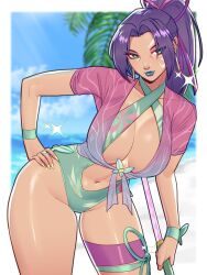 Rule 34 | 1girl, beach, breasts, cleavage, clothing cutout, earrings, facepaint, green eyes, hair ribbon, hand on own hip, highleg, highleg leotard, highres, holding, holding sword, holding weapon, jewelry, large breasts, leotard, lipstick, long hair, looking at viewer, makeup, marvel, marvel rivals, nail polish, navel, navel cutout, one-piece swimsuit, palm tree, ponytail, psylocke, purple hair, ribbon, skullworms, swimsuit, sword, thigh strap, tree, two-tone swimsuit, weapon, wide hips