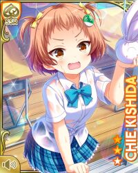 1girl blue_bow blue_skirt bow brown_hair card character_name classroom day desk gift girlfriend_(kari) indoors kishida_chie official_art open_mouth plaid_clothes plaid_skirt qp:flapper rain school_desk shirt skirt solo tagme twintails upset white_shirt wooden_floor yellow_eyes
