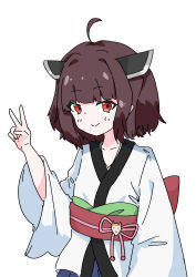 Rule 34 | 1girl, absurdres, ahoge, blue hakama, blush, bow, brown hair, collarbone, hakama, headgear, highres, japanese clothes, kimono, long sleeves, looking at viewer, nukegara (pixiv 46266320), obi, red bow, red eyes, sash, short hair, smile, standing, touhoku kiritan, upper body, v, voiceroid, waist bow, white background, white kimono, wide sleeves