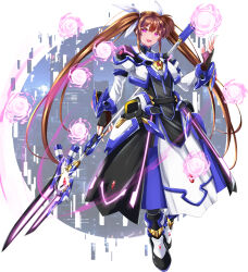Rule 34 | 1girl, armor, armored boots, armored dress, black gloves, boots, brown hair, city, cityscape, dress, energy ball, fingerless gloves, gloves, glowing, glowing eyes, hair ribbon, highres, holding, holding weapon, long dress, long hair, looking at viewer, lyrical nanoha, magical girl, multicolored boots, multicolored dress, open mouth, purple eyes, raising heart, raising heart estrea, ribbon, smile, solo, sougetsu izuki, takamachi nanoha, takamachi nanoha (formula ii), twintails, weapon, white devil, white ribbon