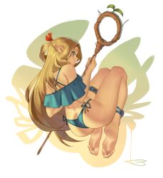 1girl absurdres ambrosia_(dungeon_meshi) ass barefoot bikini blonde_hair blue_bikini blue_nails breasts commentary dungeon_meshi elf english_commentary feet from_behind green_eyes highres holding holding_staff long_hair marcille_donato pointy_ears roxy_thefoxy side-tie_bikini_bottom simple_background soles solo staff swimsuit thigh_strap toes