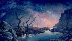 1boy absurdres bare_tree black_cloak branch cloak closed_eyes closed_mouth flower flower_tattoo gold_trim hair_between_eyes hair_flower hair_ornament highres long_sleeves messy_hair mountain original red_flower red_robe ringein river robe rock sky solo star_(sky) starry_sky tattoo tree water white_hair