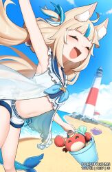 Rule 34 | 1girl, animal ears, beach, blonde hair, blue collar, blue hair, blue shorts, blue sky, breasts, bucket, cat ears, closed eyes, cloud, collar, crab, dress, fins, fish girl, fish tail, frilled shirt collar, frills, holding, holding bucket, indie virtual youtuber, lighthouse, long hair, low twintails, multicolored hair, open mouth, pokey, sameko saba, sand, short shorts, shorts, sky, sleeveless, sleeveless dress, small breasts, smile, solo, streaked hair, tail, twintails, very long hair, virtual youtuber, white dress
