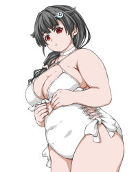 1girl black_hair breasts choker cleavage hair_ornament jingei_(kancolle) kantai_collection large_breasts one-piece_swimsuit plump red_eyes side_ponytail solo standing suda_(yuunagi_enikki) swimsuit