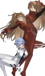 2girls absurdres ayanami_rei blue_eyes blue_hair bodysuit breasts buri_(retty9349) hair_between_eyes highres interface_headset_(evangelion) long_hair mecha_pilot_suit medium_breasts multiple_girls neon_genesis_evangelion orange_hair plugsuit_(evangelion) red_bodysuit red_eyes short_hair simple_background souryuu_asuka_langley white_background