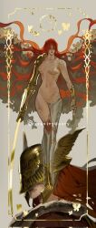 1girl amputee barefoot breasts butterfly_wings cape elden_ring from_side full_body fur_trim gold_trim gravitydusty great_rune_(elden_ring) hair_over_eyes helmet highres holding insect_wings long_hair malenia_blade_of_miquella malenia_goddess_of_rot multiple_views navel portrait prosthesis prosthetic_leg red_cape red_hair signature simple_background sword very_long_hair weapon wings