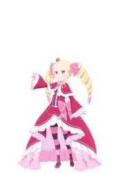 1girl absurdres arm_up beatrice_(re:zero) blonde_hair blue_eyes blush bow capelet crown dress drill_hair frilled_bow frilled_dress frills full_body fur-trimmed_capelet fur_trim hair_ribbon highres index_finger_raised jitome long_hair long_sleeves looking_at_viewer mini_crown official_art open_mouth pantyhose parted_bangs pink_bow pink_pantyhose pink_shoes pom_pom_(clothes) purple_pantyhose re:zero_kara_hajimeru_isekai_seikatsu red_capelet red_dress ribbon shoes sidelocks simple_background solo standing striped_clothes striped_pantyhose symbol-shaped_pupils tachi-e twin_drills twintails v-shaped_eyebrows white_background