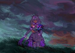 1girl bare_shoulders black_tiara blue_flower bouquet castorice_(honkai:_star_rail) cloud cloudy_sky dress flower gloves grass hair_between_eyes hair_flower hair_ornament hair_ribbon hashtag-only_commentary highres holding holding_bouquet honkai:_star_rail honkai_(series) looking_at_viewer outdoors pointy_ears purple_dress purple_eyes purple_flower purple_hair purple_ribbon purple_thighhighs ribbon sky solo suzuri_2449 thighhighs tiara