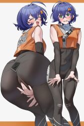 Rule 34 | 1girl, absurdres, ahoge, alternate costume, ass, bare shoulders, belle (zenless zone zero), blue hair, blush, bodystocking, border, commentary request, covered navel, covering crotch, covering privates, crop top, cropped shirt, crossed bangs, feet out of frame, green eyes, hair between eyes, hair intakes, hair ornament, highres, letter hair ornament, letterboxed, looking at viewer, looking back, medium hair, multiple views, open mouth, orange shirt, outside border, ramanda, shirt, simple background, standing, white background, zenless zone zero